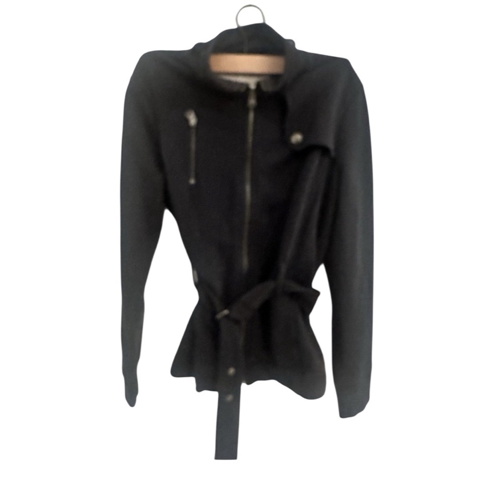 Esprit Size LWomen's Wool Blend Belted Coat Jacket Gunflap Zip Snap Black